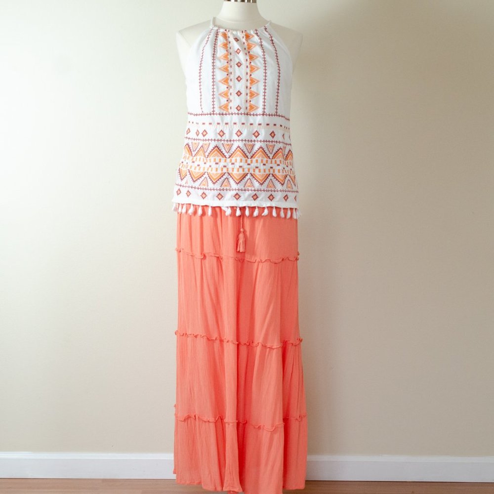 Anthropologie Flint & Moss Flowy Maxi Skirt and Skies are blue embroidered top
